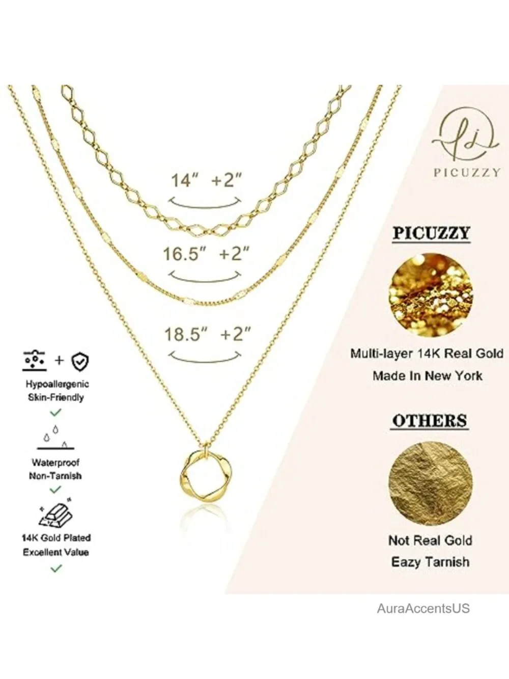 14K Gold Plated Layered Necklace Set for Women, 3Pcs Trendy Geometric Jewelry
